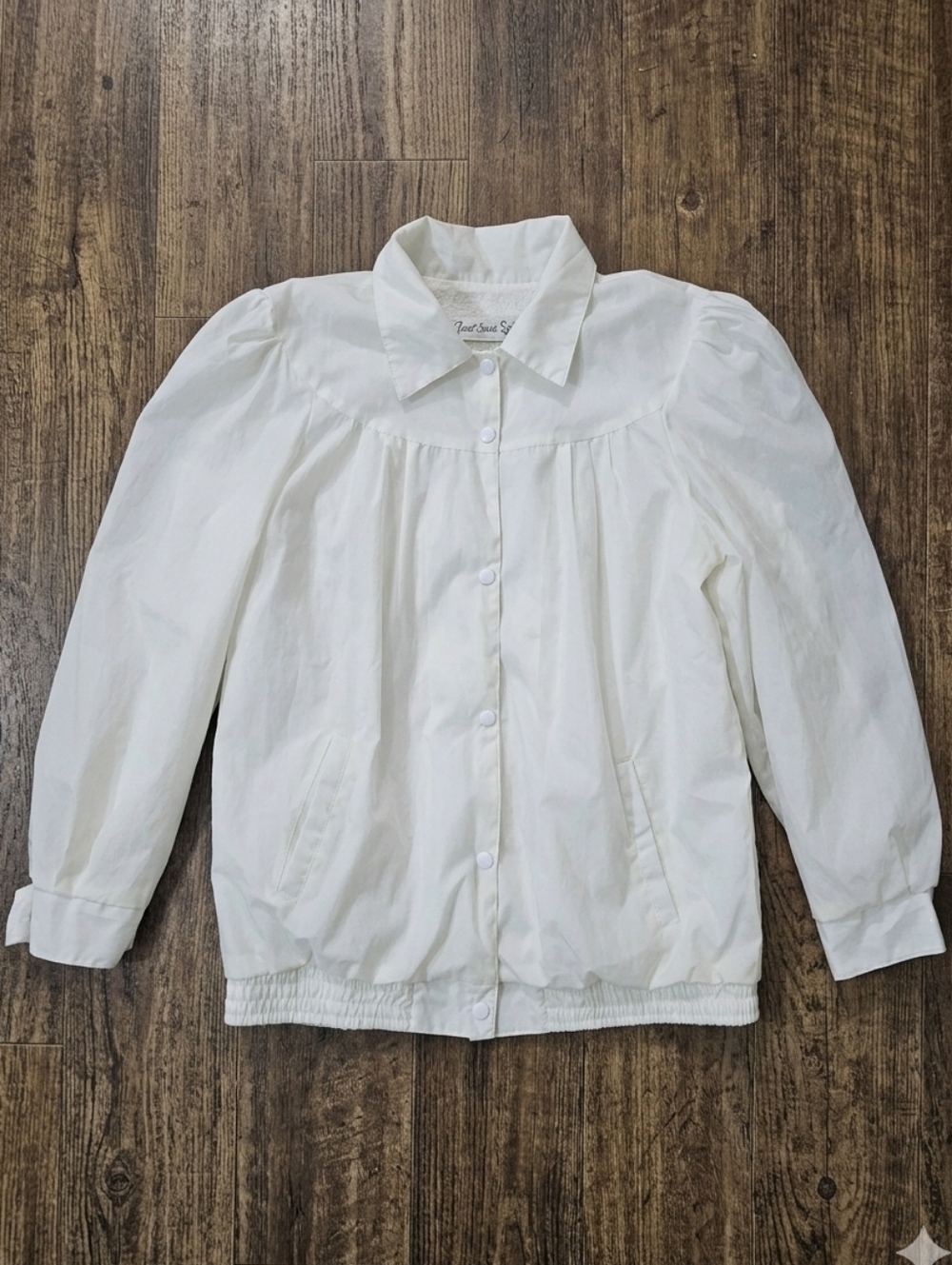 Vtg Current Seen Women L Cream Nylon Jacket Cotton Lined Snap Front Puff Sleeve - Picture 1 of 11